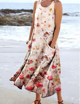 Vestido sem mangas com bolso e estampa floral