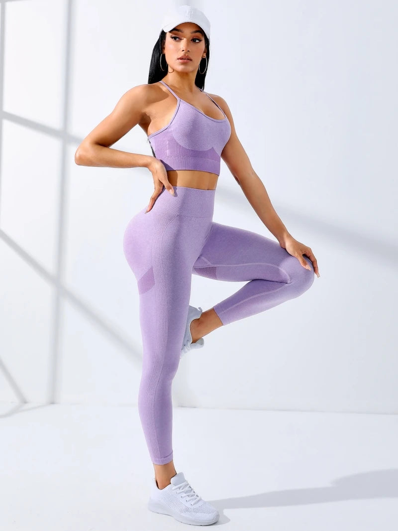 Conjunto de ioga feminino 2/peças roupas de treino sem costura yoga roupas esportivas agasalho leggings e alça de ombro fina sutiã esportivo elástico fitn