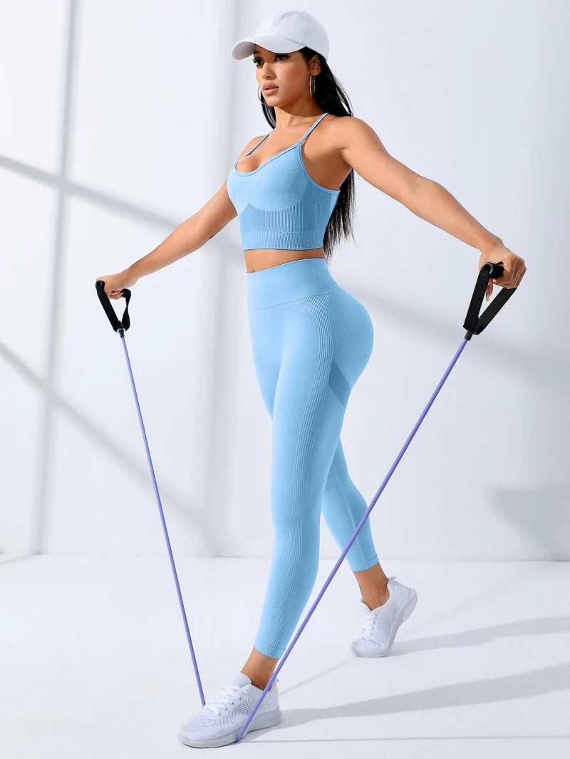 Conjunto de ioga feminino 2/peças roupas de treino sem costura yoga roupas esportivas agasalho leggings e alça de ombro fina sutiã esportivo elástico fitn