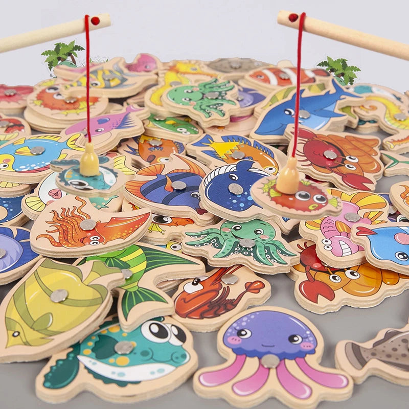 Brinquedos de pesca de madeira Montessori para crianças, jogos de peixes de cognição de vida marinha magnética, brinquedo educacional interativo para pais e filhos