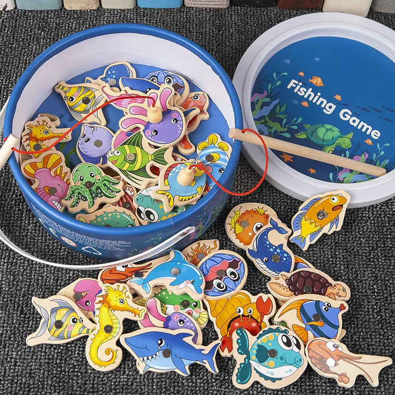 Brinquedos de pesca de madeira Montessori para crianças, jogos de peixes de cognição de vida marinha magnética, brinquedo educacional interativo para pais e filhos