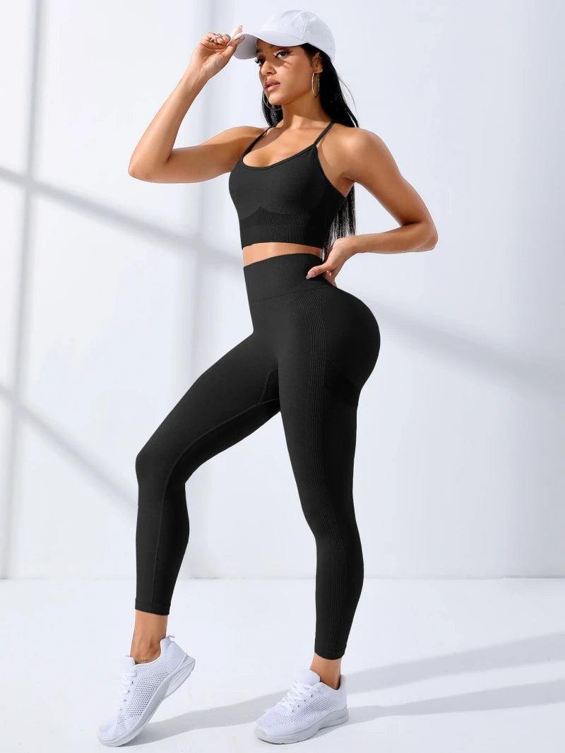 Conjunto de ioga feminino 2/peças roupas de treino sem costura yoga roupas esportivas agasalho leggings e alça de ombro fina sutiã esportivo elástico fitn