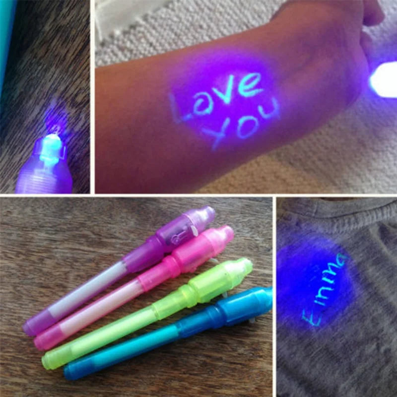 4pcs/lot Luminous Light Pen Magic Purple 2 em 1 UV Black Light Combo Desenho Invisible Ink Pen Aprendizagem Educação Brinquedos para Criança