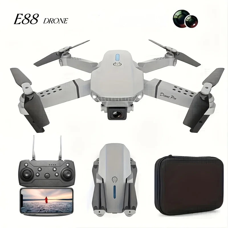 Equipado com câmeras duplas E88Uav, controle de aplicativo móvel, brinquedos voadores internos,