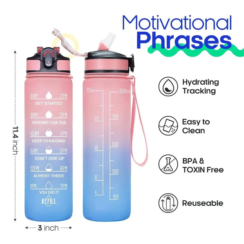 32 Oz Leakproof Water Bottles with Times to Drink and Straw Motivational Drinking Sports Water Bottle for Fitnes Gym Outdoor