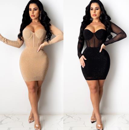 yaya feminino quente strass emenda malha ver embora mergulhando decote em v manga longa bodycon midi vestido sexy noite vestidos de festa